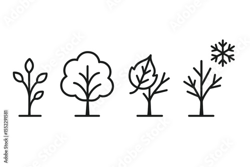 Seasonal Transformation Icons. Line style icons of seasonal transformation: spring buds, summer growth, autumn leaf fall, winter