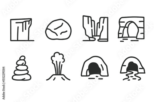 Natural Formation Icons. Line style icons of natural formations: cliff edge, boulder, canyon walls, sand arch. rock stack, geyser,