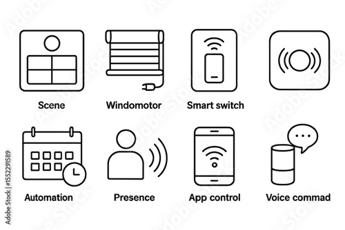 Home Automation Icons. Line style icons of home automation gadgets: scene controller, blind motor, smart switch, connected hub.