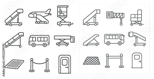 Set of airport transportation icons including buses, airplanes, and escalators. The icons are drawn in a simple, stylized manner