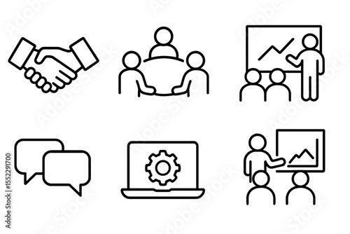 Business Meeting Icons. Line style icons of business meeting: handshake, round table, meeting screen, presentation chart.
