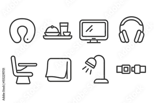 Flight Comfort Icons. Line style icons of flight comfort: neck pillow, in-flight meal, TV screen, headphones. tray table, blanket,