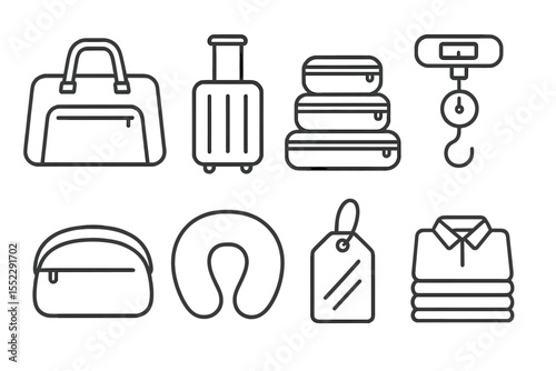 Travel Essentials Icons. Line style icons of luggage and packing: travel bag, carry-on, packing cubes, luggage scale. toiletry bag