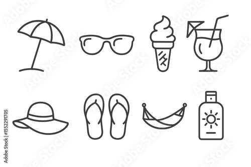 Leisure Travel Icons. Line style icons of leisure travel: beach umbrella, sunglasses, ice cream, tropical drink. sun hat,