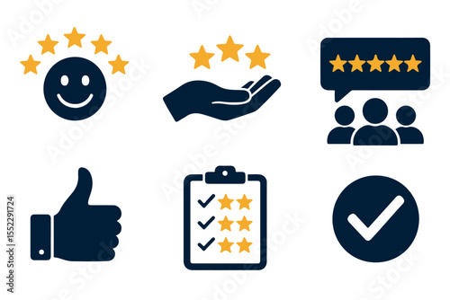 Icons for customer satisfaction, reviews, and feedback 5 star ratings, hand gestures, checklists, and group reviews graphics icon set