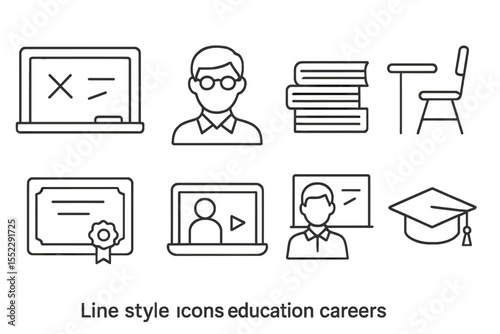 Education Career Icons. Line style icons of education careers: chalkboard, teacher avatar, books, school desk. certificate, online