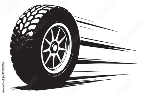 Illustration of fast moving car tire with motion blur, representing speed, power, and dynamic movement graphics icon set