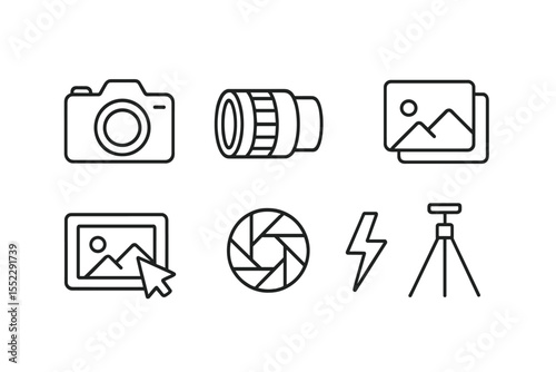 Digital Photography Icons. Line style icons of digital photography: digital camera, mirrorless lens, memory card, image gallery.