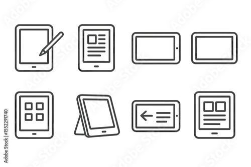 Tablet Line Icons. Line style icons of tablets and e-readers: tablet with stylus, e-book icon, tablet landscape, drawing tablet.