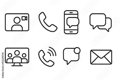 Communication Tools Icons. Line style icons of communication tools: video call, audio call, messaging app, chat bubbles.
