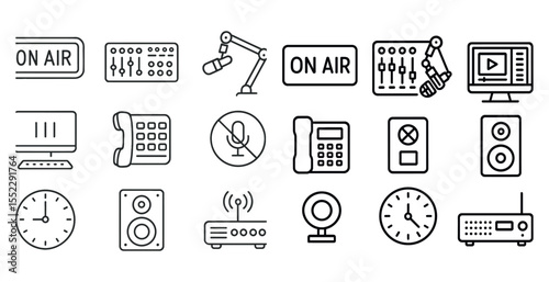 Collection of icons for a radio station. The icons include a microphone, a clock, a remote control, a computer, and a TV. Scene is that of a radio station