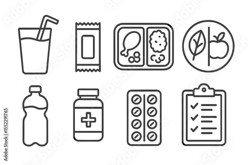 Nutrition and Recovery Icons. Line style icons of nutrition and recovery: smoothie glass, protein bar, meal tray, healthy plate.
