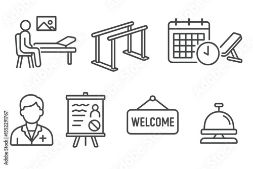 Rehabilitation Center Icons. Line style icons of rehabilitation center: therapy room, exercise station, rehab schedule, gym bench.