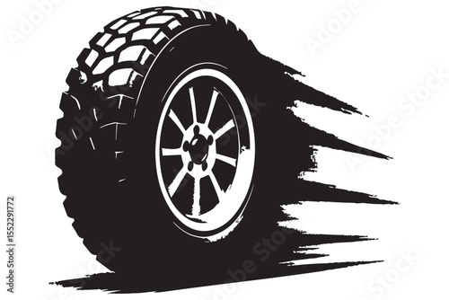 Car tire with motion trails showing fast movement and speed, dynamic illustration in black and white graphics icon set