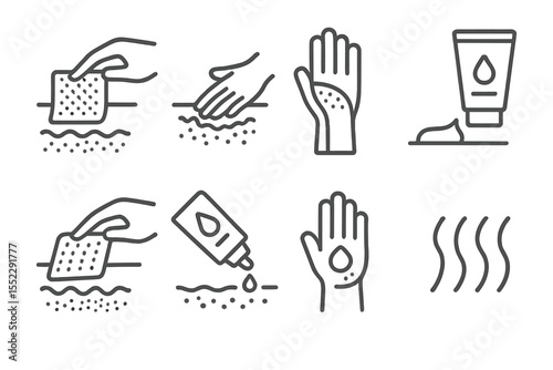 Burn and Wound Icons. Line style icons of burn and wound rehab: burn dressing, scar massage, compression glove, healing cream.