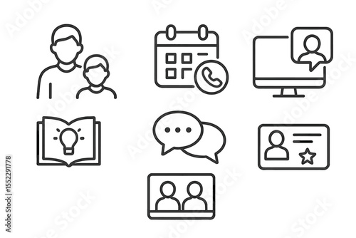Online Mentoring Icons. Line style icons of mentoring online: mentor icon, mentee icon, calendar call, video chat. guidance book,