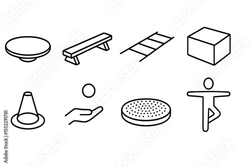 Balance Training Icons. Line style icons of balance and coordination: wobble board, balance beam, agility ladder, foam block. step