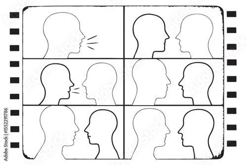 Communication process icons showing profiles with speech, talking, and interaction in a filmstrip style, representing dialogue and conversation graphics icon set