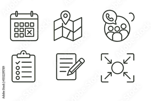 Community Coordination Icons. Line style icons of community coordination: event calendar, local map, group call, project tracker.