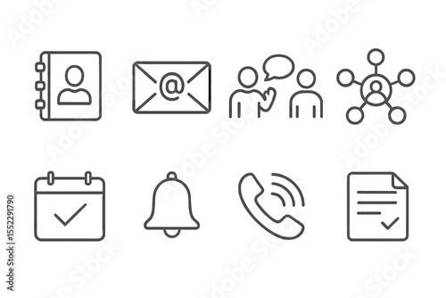 Volunteer Outreach Icons. Line style icons of volunteer outreach: contact list, cold email, introduction icon, network line.
