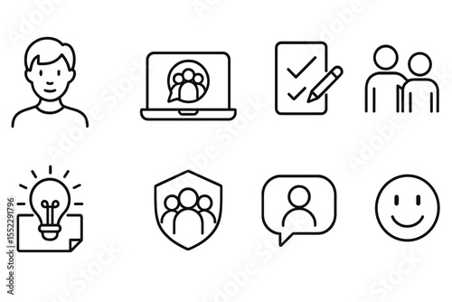 Youth Engagement Icons. Line style icons of youth involvement: teen avatar, online club, school project, peer help. idea post,
