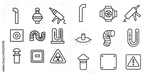 Set of icons for various plumbing and construction tools. The icons are all in black and white and include items such as a pipe wrench, a plunger, and a pipe snake. Scene is one of utility