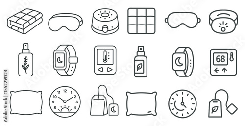 Collection of items related to sleep and relaxation. The items include a clock, a bottle, a cup, a pillow, a blanket, a watch, a book, a mug, a bottle of perfume, a bottle of lotion