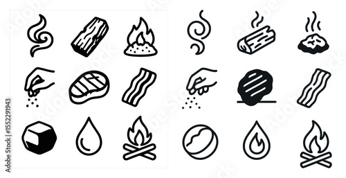 The first image shows a variety of food items, including bacon, sausage, and steak, as well as a few other items like a hand, a fire, and a bowl. The second image is a close-up of the first image