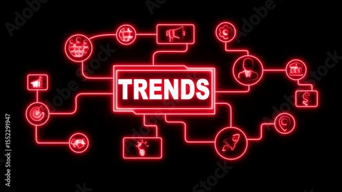 Neon glowing Business, Technology, Internet and network concept. Recent and latest trends with social media marketing tools.  