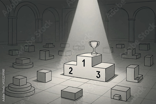 Empty pedestal with a cup on the first place, illuminated by a spotlight in a dark room, symbolizing achievement, award, and success graphics icon set