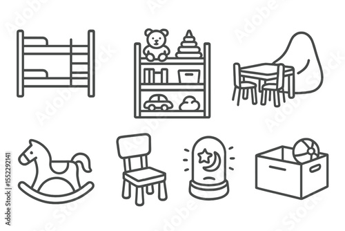 Kids Room Line Icons. Line style icons of kids’ room furniture: bunk bed, toy shelf, play table, bean bag. rocking horse, child
