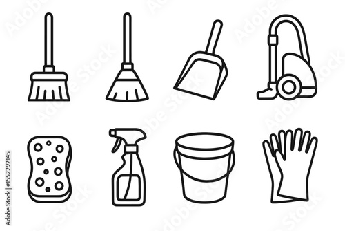 Cleaning Tools Icons. Line style icons of cleaning tools: mop, broom, dustpan, vacuum. sponge, cleaning spray, bucket, cleaning