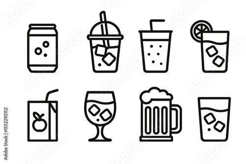 Cold Drink Icons. Line style icons of cold drinks: soda can, iced coffee, smoothie cup, lemonade glass. juice box, cocktail, beer