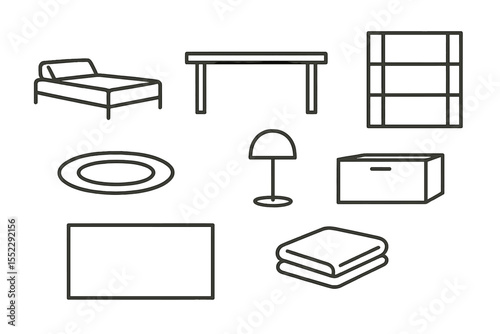 Minimalist Interior Icons. Line style icons of minimalist interior: low bed, clean table, empty shelf, neutral wall. mono rug,