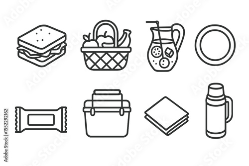 Picnic Essentials Icons. Line style icons of picnic food: sandwich, fruit basket, lemonade, paper plate. snack bar, cooler box,