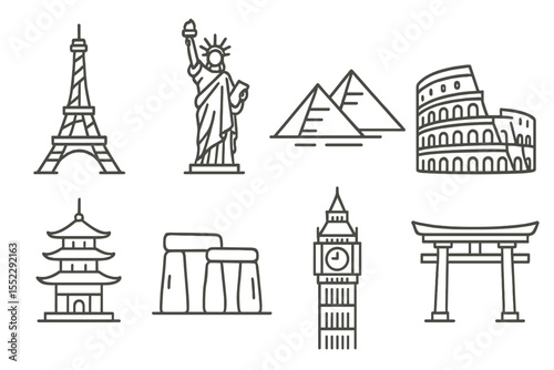 Iconic Global Landmarks. Line style icons of tourist attractions: Eiffel Tower, Statue of Liberty, pyramids, colosseum. pagoda,