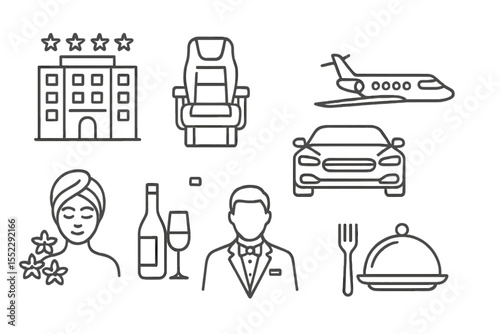 Luxury Travel Icons. Line style icons of luxury travel: 5-star hotel, first-class seat, luxury car, private jet. spa icon, premium