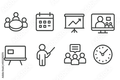 Meeting Icons Collection. Line style icons of meetings and events: round table, calendar invite, presentation board, video