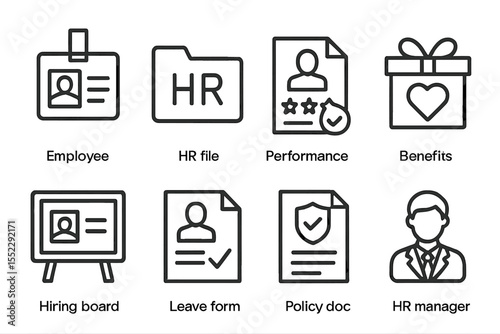 HR Icons Collection. Line style icons of human resources: employee badge, HR file, performance review, benefits icon. hiring board
