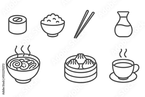 Asian Cuisine Icons. Line style icons of Asian cuisine: sushi roll, rice bowl, chopsticks, soy sauce. ramen, dumplings, miso soup,