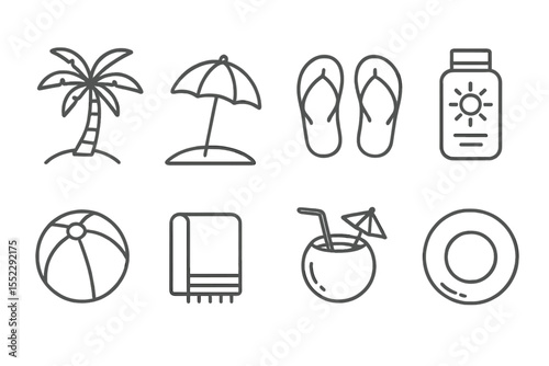 Beach Vacation Icons. Line style icons of beach vacation: palm tree, beach umbrella, flip flops, sunscreen. beach ball, towel,