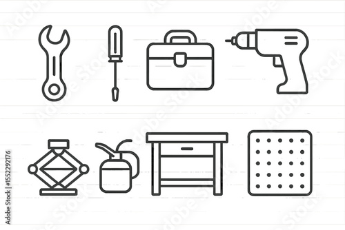 Garage Tools Icons. Line style icons of garage tools: wrench, screwdriver, tool box, drill. car jack, oil can, workbench, pegboard
