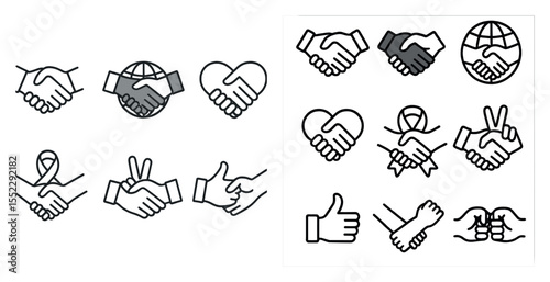Series of hand icons that represent different types of handshakes. The hand icons are arranged in a grid, with some overlapping each other. The hand icons include a peace sign, a thumbs up