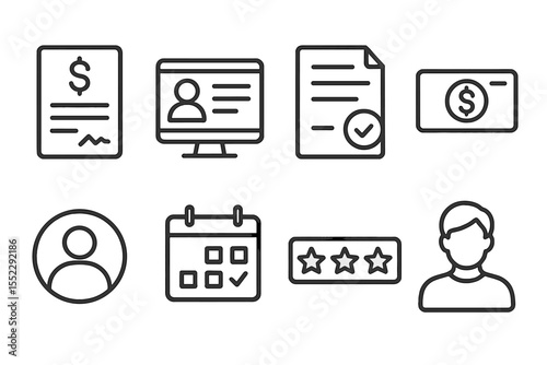 Freelance Work Icons. Line style icons of freelance work: invoice icon, gig platform, contract doc, payment icon. freelance