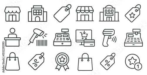 Series of icons for a store, including a cash register, a shopping cart, and a person