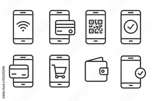 Mobile Payment Icons. Line style icons of mobile payments: NFC phone, tap to pay, QR scan, payment complete. mobile card, digital