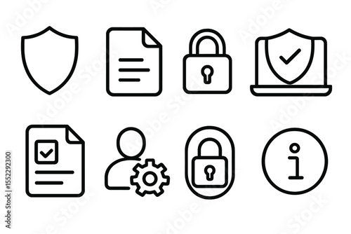 Data Privacy Icons. Line style icons of data and privacy: shield icon, data file, lock symbol, secure platform. consent form, user