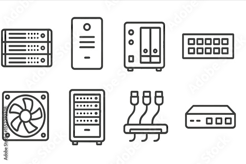 Server Equipment Icons. Line style icons of server equipment: rack server, tower server, NAS unit, patch panel. cooling system,