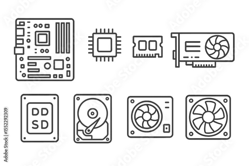 PC Hardware Icons. Line style icons of PC hardware parts: motherboard, CPU chip, RAM module, GPU card. SSD drive, HDD drive, power
