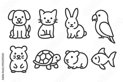 Pet Icons Collection. Line style icons of pet animals: dog, cat, rabbit, parrot. hamster, turtle, guinea pig, goldfish. No text,